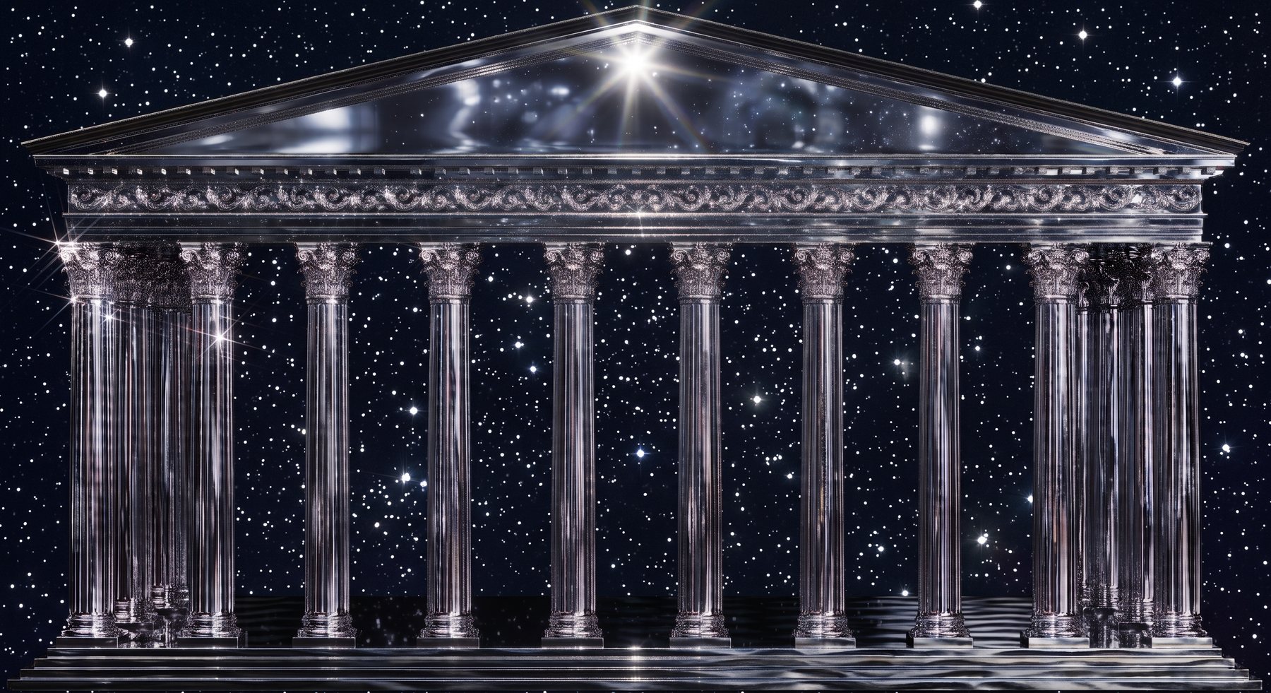 Chrome rendering of a Roman temple portico against a starfield