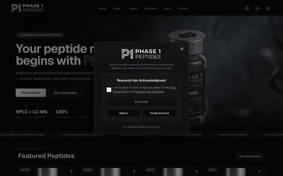 Phase 1 Peptides homepage